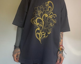 Gray Oversized T-shirt with Floral Mushroom Custom Design, printed in gold