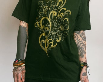Screen printed Custom Designed Floral Mushroom Green T-shirt