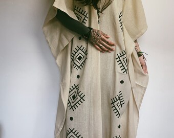 Raw Cotton Kaftan, Printed with Custom Designed Woodblocks