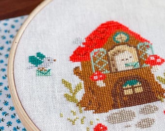 Patrón de punto de cruz "Hedgehog Mail Day": Diseño de bosque estilo cottagecore (patrón en PDF)