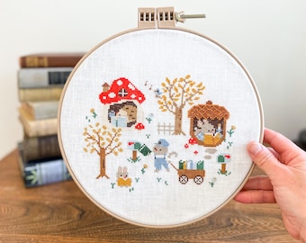 Cottagecore Cross Stitch Pattern: Hedgehog Book Burrow (Digital Download)