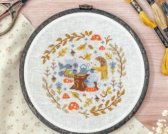 Woodland Tea Party Cross Stitch Pattern: Hedgehog Cottagecore Design (Digital Download