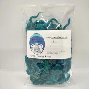May include: A clear plastic bag filled with green-winged teal Wensleydale fiber. The bag has a white label with the Bellwether Wool Company logo and text that reads "green-winged teal" and "1 oz."
