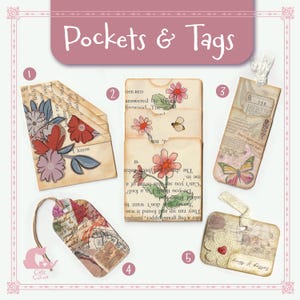 Set of handmade journal tags and paper pockets. Journal ephemera. Gift tags. Vintage junk journal supplies and accessories