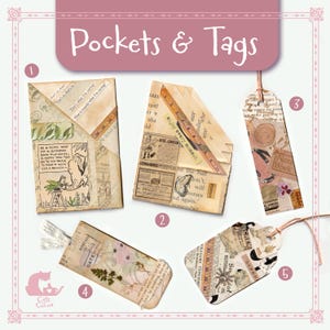 Set of handmade journal tags and paper pockets. Journal ephemera. Gift tags. Vintage junk journal supplies and accessories