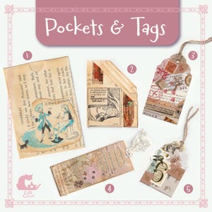 Set of handmade journal tags and paper pockets. Journal ephemera. Gift tags. Vintage junk journal supplies and accessories