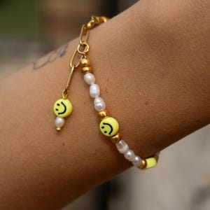 Handmade Bracelet with Smiley Beads and Pearls - Colorful Beaded Jewelry Gift for Her