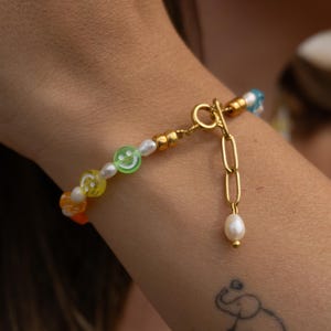 Colorful Beaded Bracelet with Rainbow Smiley Beads and Pearls - Smiley Bracelet, Handmade Jewelry Gift for Her