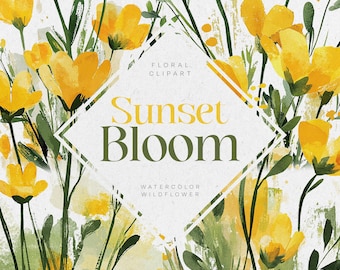 Yellow Floral Clipart: Sunset Bloom Watercolor PNG (Digital Download)