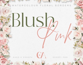 Blush Pink Rose Floral Borders: Watercolor PNG Clipart (Digital Download)
