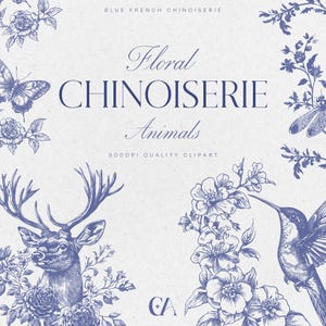 Dierlijke chinoiserie: PNG's, blauwe bloemen dieren clipart, bloemen digitale download clipart, Franse chinoiserie patroon, junk Journal clipart