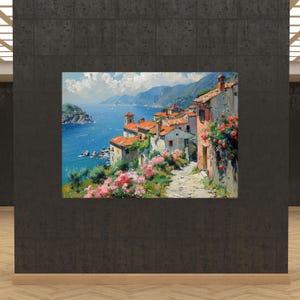 May include: An oil painting depicting a coastal village with white buildings featuring terracotta roofs, nestled along a blue sea. A stone path winds through the scene, bordered by vibrant pink flowers and green foliage under a bright sky.