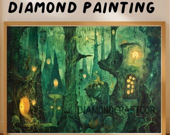 May include: A framed diamond painting featuring a dark, enchanted forest scene in shades of green. The artwork displays glowing yellow lights, tall trees, and small dwellings. The text "DIAMOND PAINTING" appears above, and "DIAMONDCRAFTCOR" is printed on the lower right.