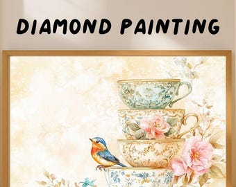 Vintage Teacups and Songbird Diamond Painting Kit, DIY Rhinestone Art for Calm Home Decor, Gem Art For Adults & Kids, Perfect Gift