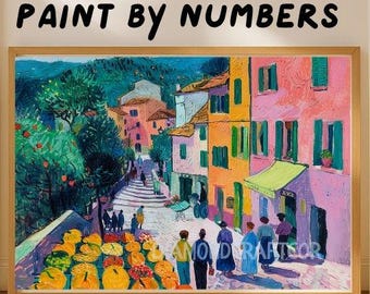 Italian Village Market Paint By Numbers Kit Colorful Mediterranean Street Scene DIY Acrylic Painting for Adults, Relaxing Art Craft Set