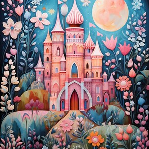 May include: A pink castle with multiple towers and pointed roofs stands in a garden filled with colorful flowers and foliage under a large, pale yellow moon. The scene features shades of blue, pink, and orange in a detailed, layered illustration.