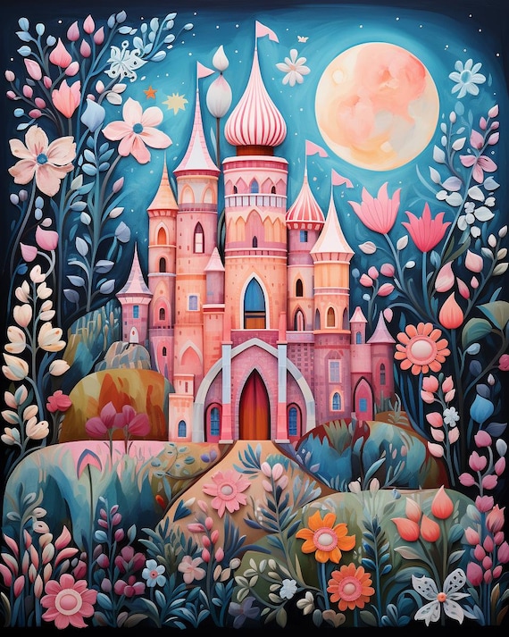 Fairy Tale Castle Paint by Numbers Kit for Adults, Pink Fantasy Palace, Moon and Flowers, Whimsical DIY Acrylic Painting, Fantasy Lover Gift