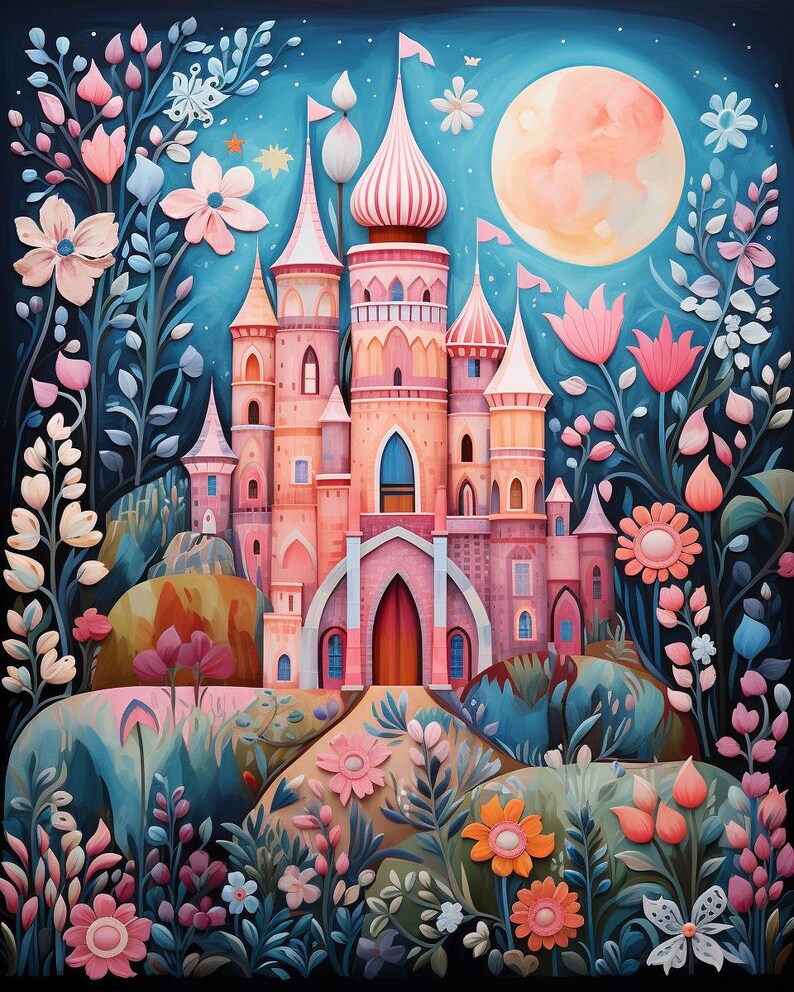 May include: A pink castle with multiple towers and pointed roofs stands in a garden filled with colorful flowers and foliage under a large, pale yellow moon. The scene features shades of blue, pink, and orange in a detailed, layered illustration.