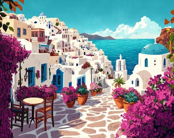 Santorini Diamond Painting Kit, Greek Island Diamond Art, Mediterranean Village Full Drill Kit, Coastal Greece DIY Mosaic for Adults