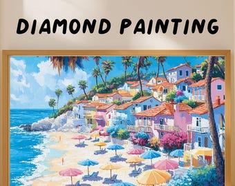 Vivid Beachside Diamond Painting Kit, Lively Vibrant Coastal Scene, DIY Rhinestone Art, Gem Art For Adults & Kids, Wall Decor, Perfect Gift