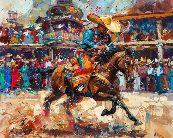 Mexican Charro Paint by Numbers Kit for Adults, Cowboy on Horse, Colorful Rodeo Scene, Equestrian DIY Acrylic Painting, Horse Lover Gift
