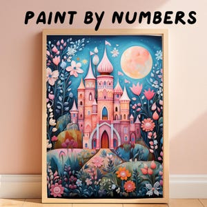 May include: A framed paint by numbers kit featuring a pink castle surrounded by stylized flowers and foliage under a large moon in a blue night sky. The text PAINT BY NUMBERS is printed in black above the rectangular wooden frame.
