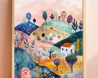 Whimsical Landscape Wall Art Print, Colorful Folk Art Hills Poster Canvas, Scandinavian Abstract Nature Decor