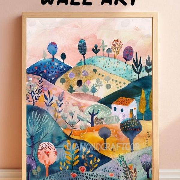 Grillig landschap muurkunst print, kleurrijke volkskunst heuvels poster canvas, Scandinavische abstracte natuur decor