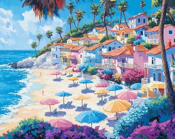 Coastal Village Diamond Painting Kit for Adults, Colorful Beach Umbrellas, Seaside Houses and Palm Trees, DIY Gem Art, Beach Lover Gift