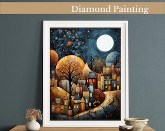 Moonlit Village Diamond Painting Kit, Frida Kahlo-Inspired, DIY Rhinestone Art for Home Decor, Gem Art For Adults & Kids, Folk Art, Wall Art