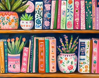 May include: A painting of two wooden shelves filled with colorful books and potted plants. The books feature floral and geometric patterns in shades of pink, green, orange, and blue. Potted succulents and flowers sit among the books.
