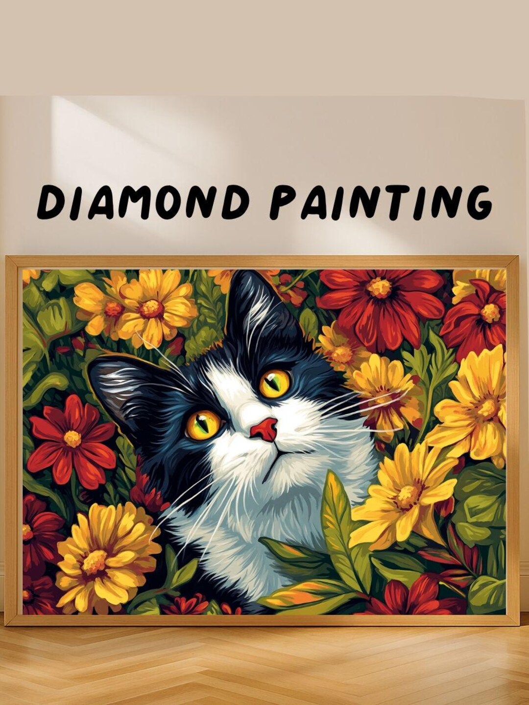 QQYRHN 5D Diamond Painting Set – Witte Kitten Met Bloemen, Ronde Volledige Boor – Voor Volwassenen En Beginners, Ontspannend Cadeau