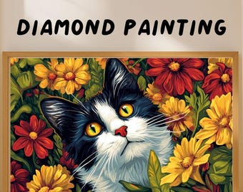 Floral Cat Diamond Painting Kit: DIY Gem Art Home Decor