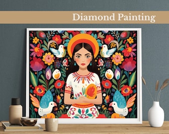 Diamond Painting: Folk Bloom Goddess Diamond Painting Kit, Vibrant Floral Art, Ethnic Woman & Birds, DIY Full Drill Mosaic for Home Decor