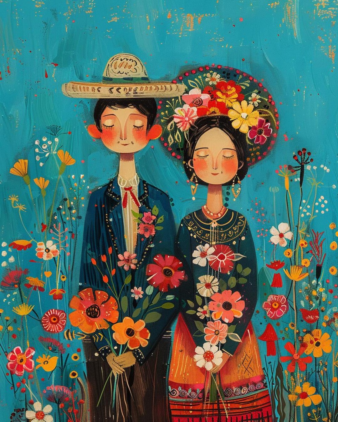 Mexican Folk Couple Diamond Painting Kit, Colorful Floral Diamond