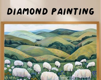 Sheep in Meadow Diamond Painting Kit Countryside Full Drill Landscape Mosaic Art