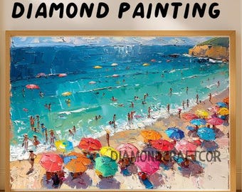 Colorful Beach Diamond Painting Kit, Mediterranean Summer Seascape Diamond Art, Coastal Umbrella DIY Decor, Ocean Beach Scene