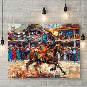 K&ouml;nnte beinhalten: Ein lebendiges &Ouml;lgem&auml;lde auf Leinwand, das einen Cowboy mit breitkrempigem Hut und farbenfroher Westernkleidung zeigt, der auf einem braunen Pferd im Galopp reitet. Die Szene spielt in einer &uuml;berf&uuml;llten Arena mit Zuschauern im Hintergrund, dargestellt in ausdrucksstarken, strukturierten Pinselstrichen mit einer Palette aus warmen Erdt&ouml;nen, Blau- und Rott&ouml;nen.