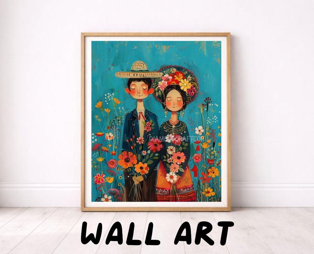 Mexican Folk Art Couple Wall Art Print, Colorful Floral Folk ...