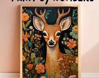 Deer Paint By Number Kit Floral Forest Scene DIY Acrylic Animal Painting for Adults, Whimsical Woodland Paint by Numbers