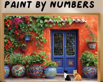 Paint by Numbers Kit, Vibrant Courtyard Cats, Mediterranean Scene, Wall Decor