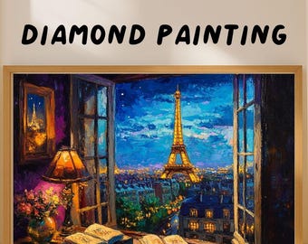 Ginfonr 5D Diamond Painting Kit: Luna E Torre Di Parigi - Quadro Diamante 30x40 Cm, Paesaggio Cielo Con Trapani Rotondi