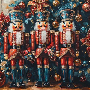 May include: Three nutcracker figures standing in a row, each wearing a blue hat with gold trim, a red jacket with gold accents, and blue trousers. They have white beards and black mustaches, positioned in front of a dark green Christmas tree.
