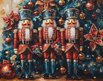 May include: Three nutcracker figures standing in a row, each wearing a blue hat with gold trim, a red jacket with gold accents, and blue trousers. They have white beards and black mustaches, positioned in front of a dark green Christmas tree.