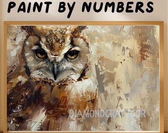 Abstract Owl Paint By Numbers Kit, Woodland Wildlife Painting, Neutral Rustic Animal DIY Artwork