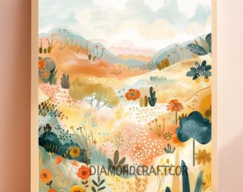Pastel Wildflower Landscape Diamond Painting Kit, Whimsical Botanical Diamond Art, Soft Nature DIY Decor, Cottagecore Scene
