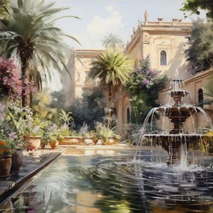 May include: A multi-tiered stone fountain sits in the center of a rectangular pool within a courtyard. The scene features tall palm trees, blooming pink and orange flowers in terracotta pots, and a large beige building with arched windows.