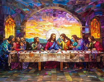 Könnte beinhalten: Eine Buntglasdarstellung des Abendmahls mit Jesus und zwölf Figuren, die an einem langen, mit einem weißen Tuch bedeckten Tisch sitzen. Die Szene ist in leuchtenden Violett-, Blau-, Gelb- und Rottönen gehalten, mit einem leuchtenden Sonnenuntergang.