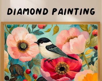 Floral Songbird Diamond Painting Kit, Lively Bird and Floral Scene,DIY Rhinestone Art, Gem Art For Adults & Kids, Wall Decor, Perfect Gift