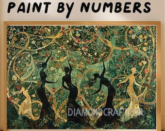 Mystical Forest Dance Paint by Numbers Kit for Adults, Art Nouveau DIY Painting Set, Elegant Women Wall Art, Whimsical Gift Idea